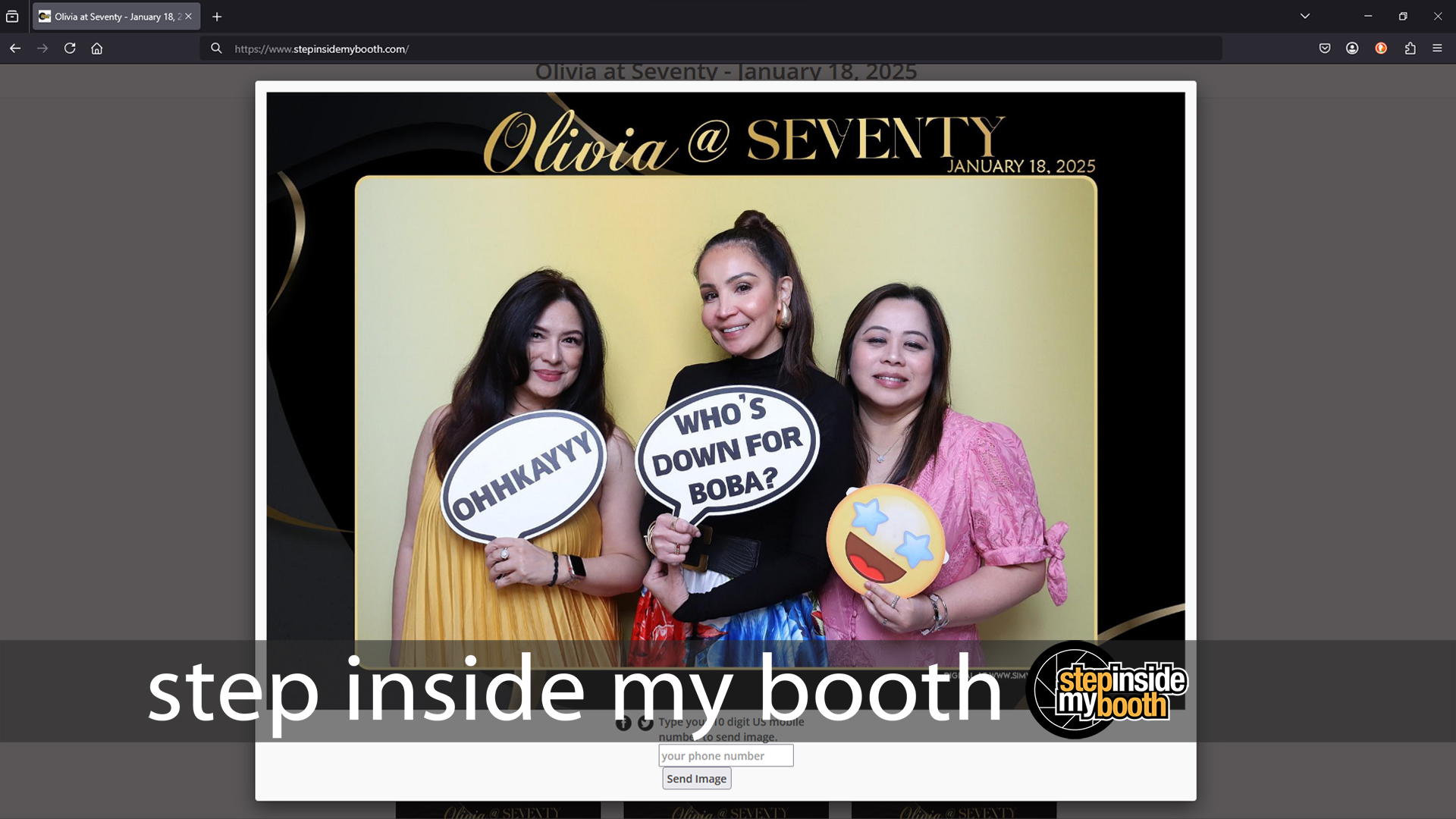 Personalized Photo Link Gallery for Photo Booth Rentals 1 step inside my booth olivia at 70 2025
